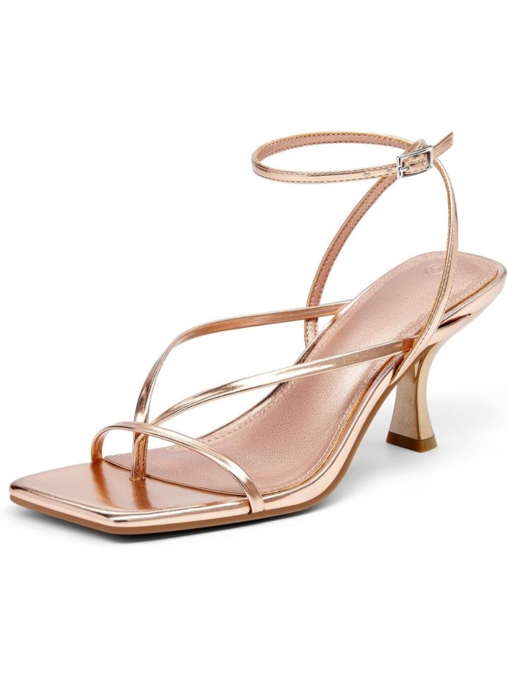 Women's Champagne Gold Strappy Square Toe Thong Ankle Strap High Heeled Sandals